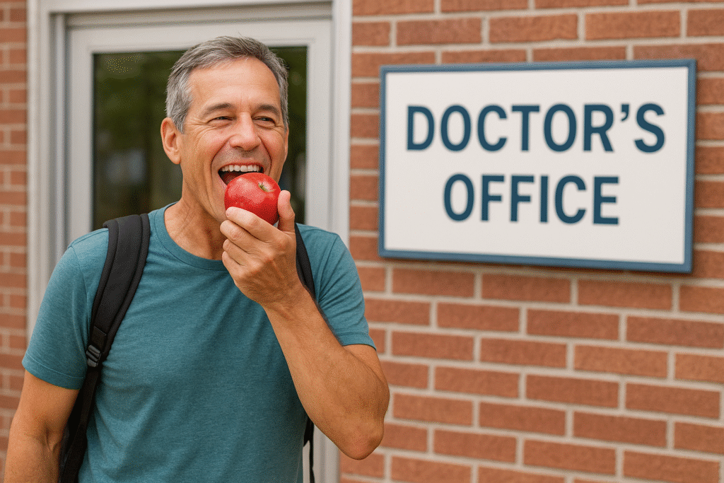 A healthy person enjoying an apple, symbolizing the benefits of preventive health through nutrition.